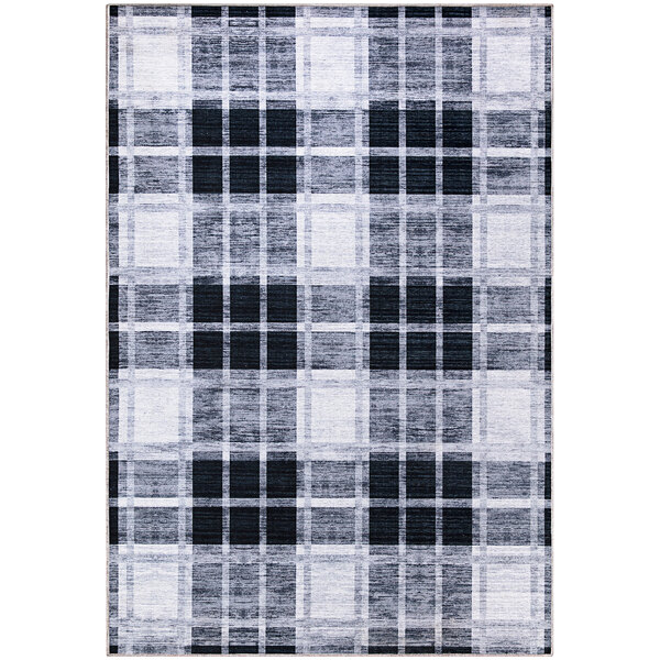 A cream and gray plaid area rug with a checkered pattern and white border.