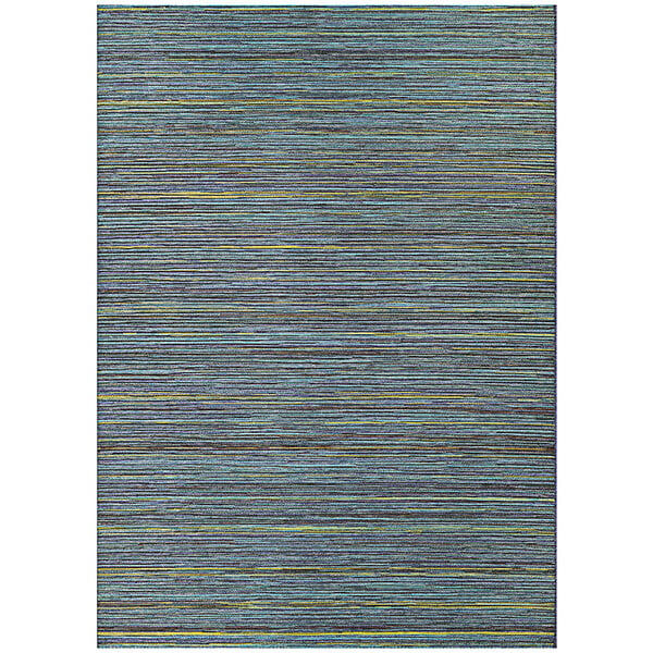 A close up of a Couristan Cape Hinsdale teal and cobalt area rug with blue and yellow stripes.