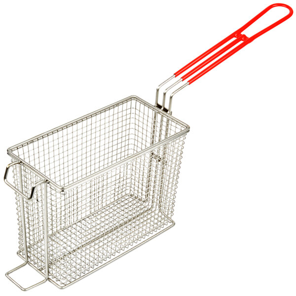 A Cecilware stainless steel electric fryer with a wire basket and a red handle.