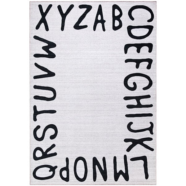 A white rectangular area rug with black letters in a contemporary font.