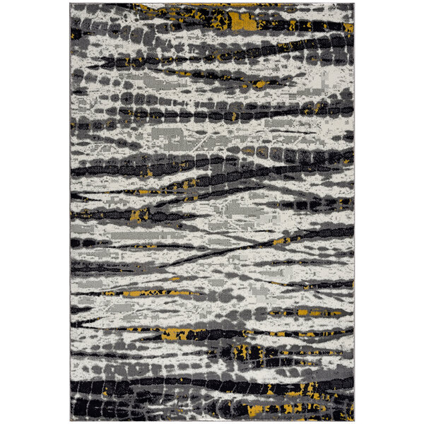 An Abani Arto Collection yellow, grey, and black striped rug.