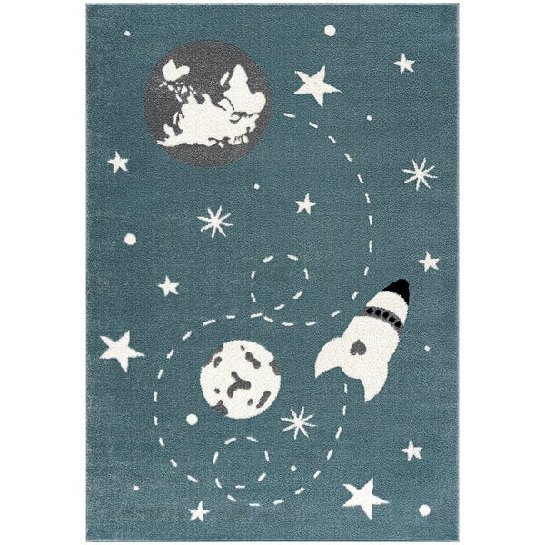 A blue Abani Play Collection area rug with a cartoon rocket and stars on it.