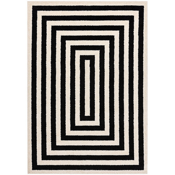 A white rectangular rug with black lines in a square design.