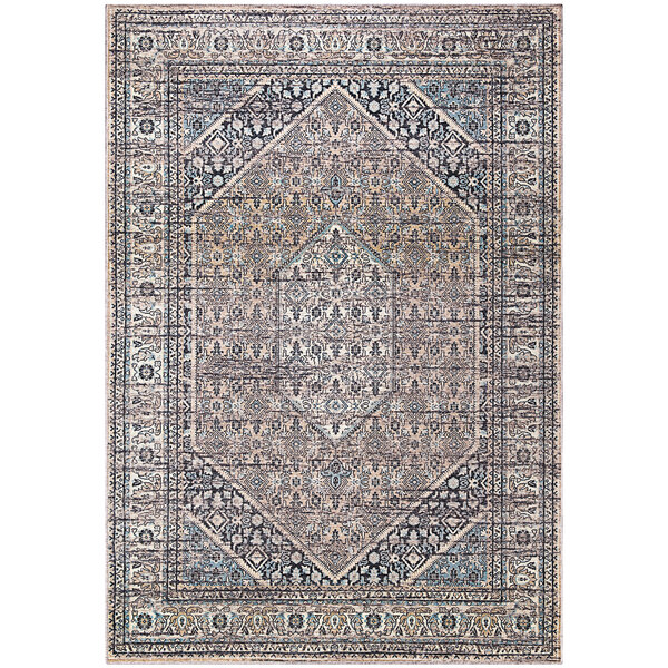 An Abani Lola Collection brown vintage geometric medallion area rug with a beige and grey intricate pattern.