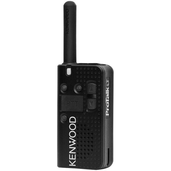 A close-up of a black Kenwood ProTalk LT UHF portable business radio.