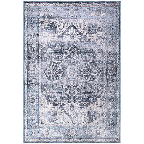 A close up of a blue and grey Abani Lola Collection vintage medallion area rug.