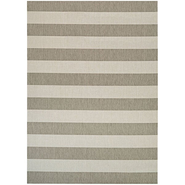 A Couristan Afuera Yacht Club tan and ivory striped area rug with a white border.