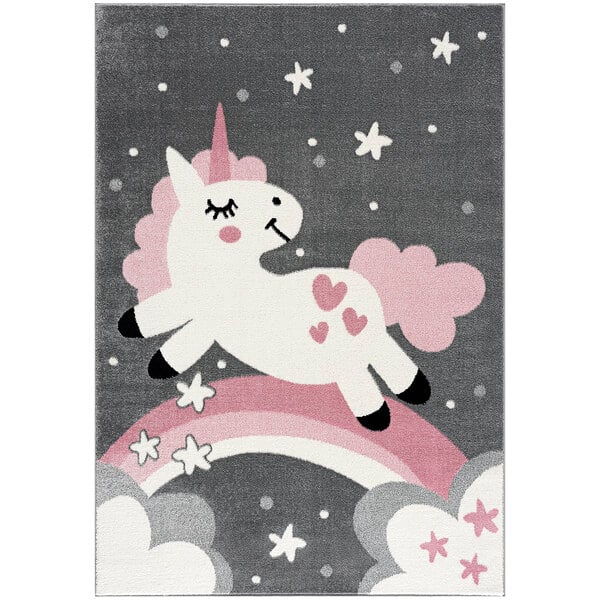 A gray area rug with a white unicorn on it and pink accents.