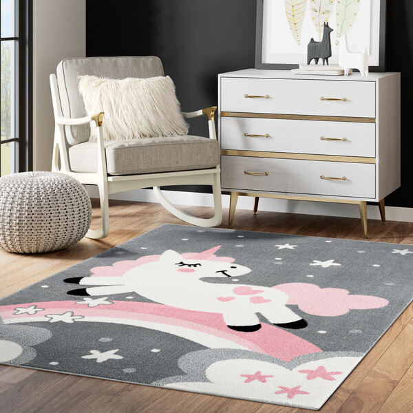 A gray and pink Abani Play Collection area rug with a unicorn on it.