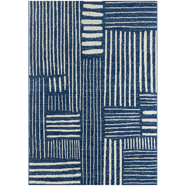 An Abani Casa Collection navy blue area rug with white geometric lines.