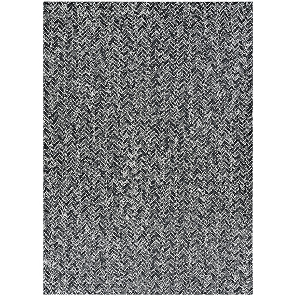 A white rectangular area rug with a black herringbone pattern.
