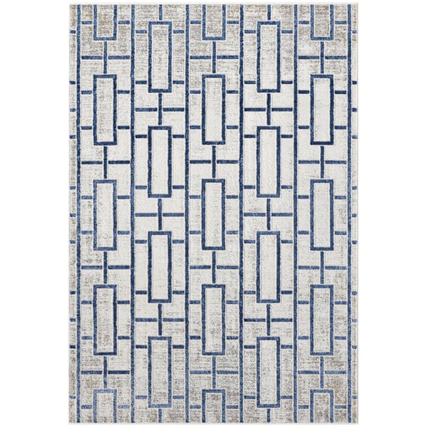 A blue and gray area rug with blue lines in a geometric pattern.