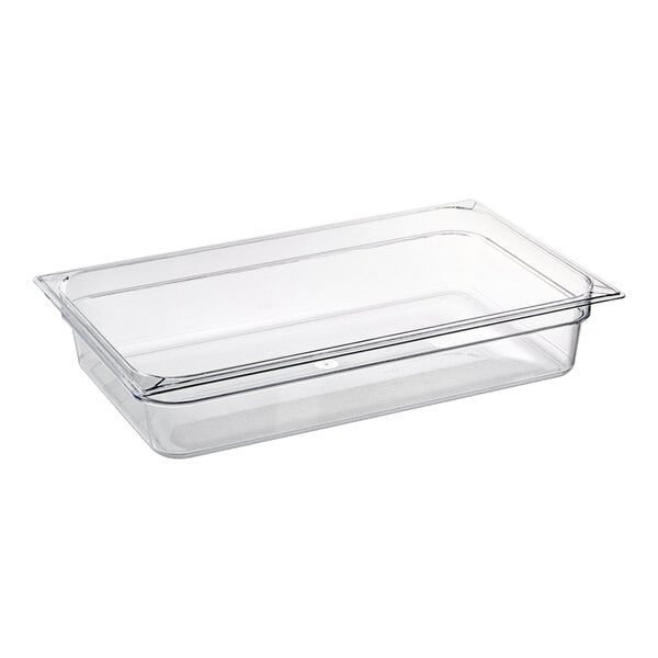 A Carlisle clear plastic food pan with a lid.