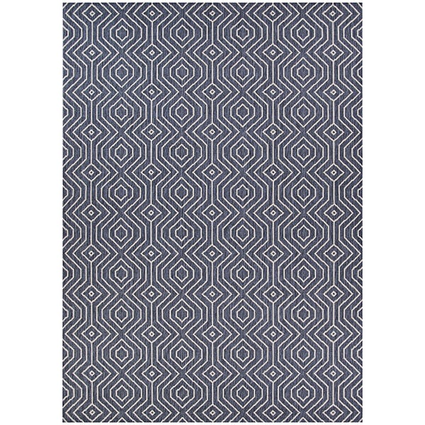 A Couristan Afuera Actinide runner rug with a blue and grey geometric pattern.