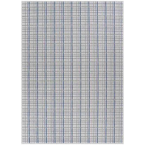 A white area rug with a grid pattern in blue.