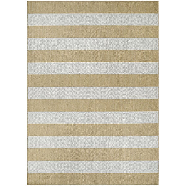 A Couristan Afuera Yacht Club butterscotch and ivory striped rug with a white border.