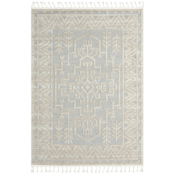 An Abani Cabo Collection area rug with a geometric medallion pattern in cream and gray.