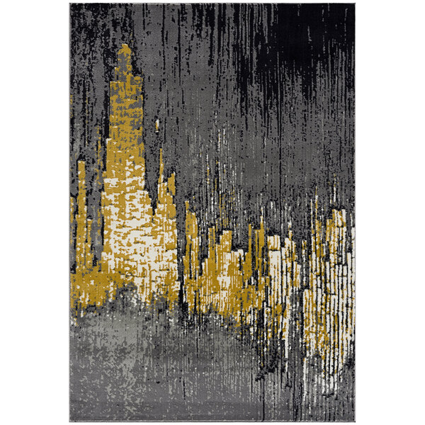 An Abani Arto Collection contemporary area rug with a yellow and grey metallic drip design.