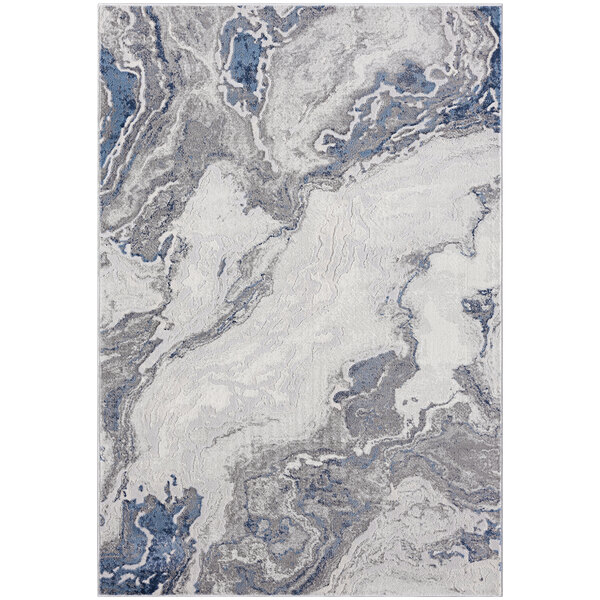 An Abani Atlas Collection gray area rug with a blue and grey abstract marble pattern.
