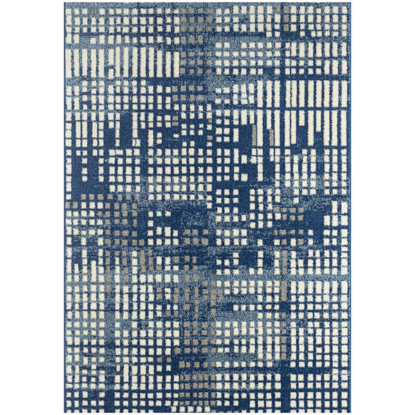 An Abani Casa Collection cream and navy area rug with a contemporary abstract design featuring squares in blue and white.