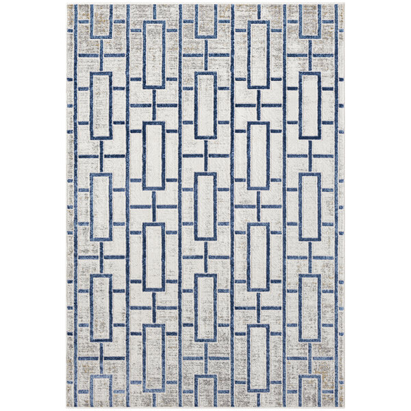 An Abani Atlas Collection blue and gray rug with blue and white lines.