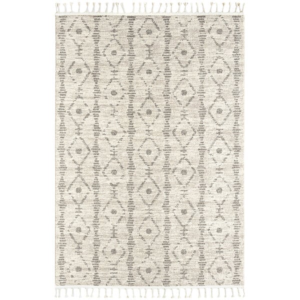 An Abani Layla Collection beige and brown farmhouse area rug with a diamond pattern and fringes.