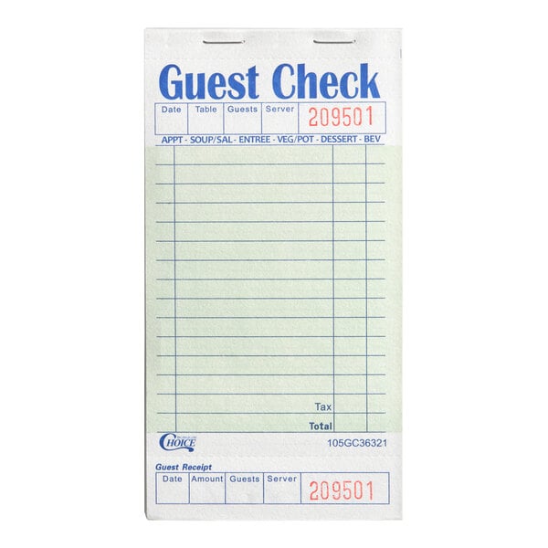 A green and white guest check pad with a detachable bottom guest receipt, used for recording restaurant orders.