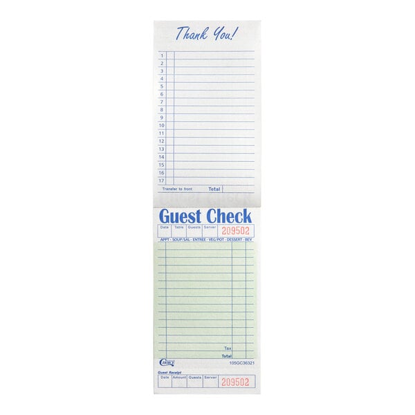 A green and white guest check pad with a bottom guest receipt, commonly used in restaurants for order taking.