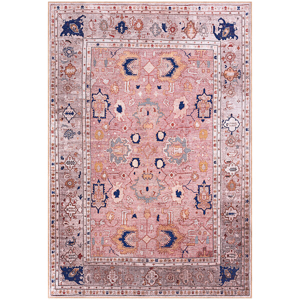 An ornate pink and beige Abani Molana Collection area rug with a pink and blue design.