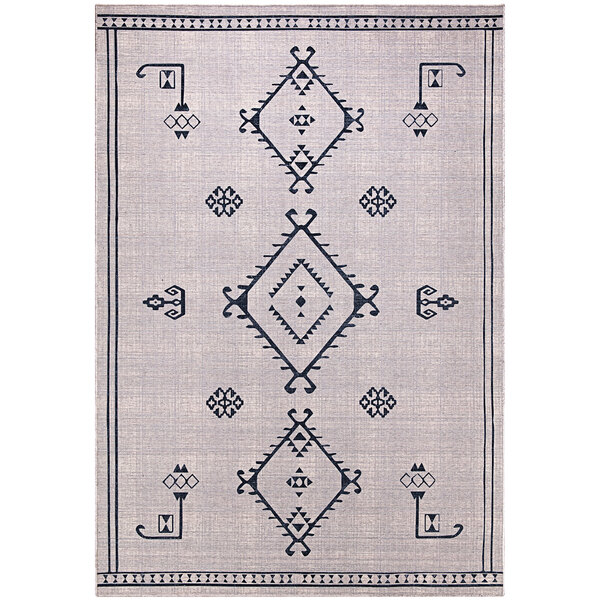 A cream rug with a geometric Moroccan folk design in grey and black.