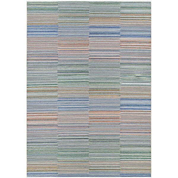 An ivory rug with multi-colored stripes.