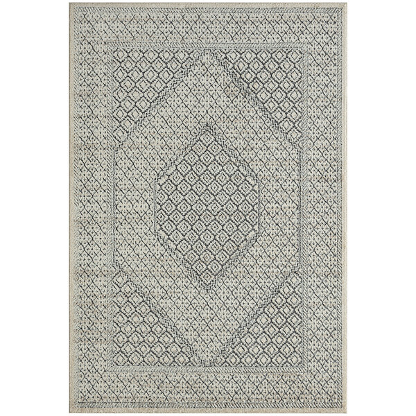 A close up of a cream and gray Abani Cabo Collection area rug with a hexagon medallion design.