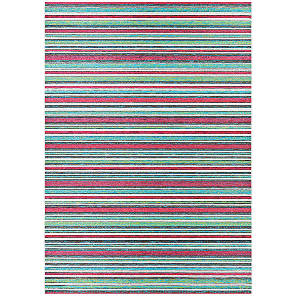 A close up of a Couristan purple multi-colored striped area rug with red, green, and blue stripes.