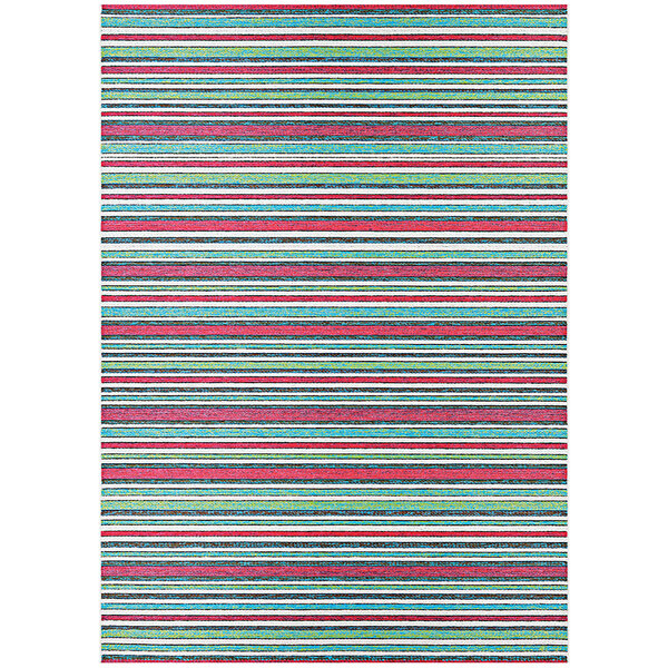 A close up of a Couristan Cape Brockton purple multi-colored striped area rug with red, green, and blue stripes.