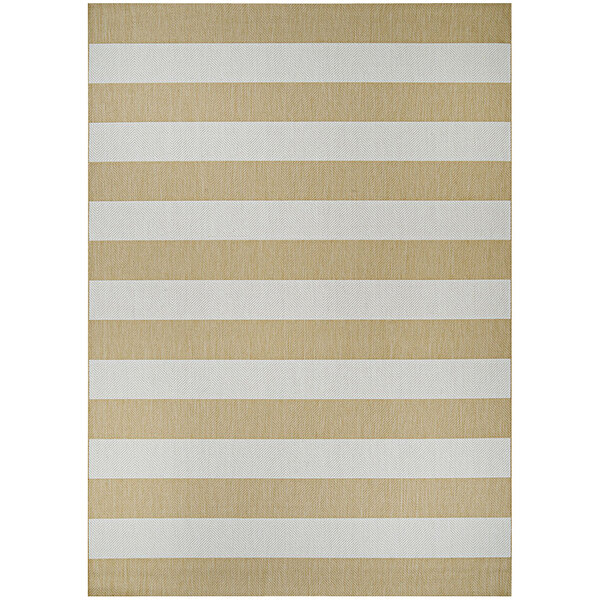 A close up of a Couristan Afuera Yacht Club butterscotch and ivory striped area rug with a white border.