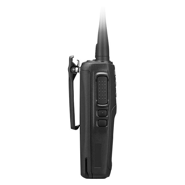 A close up of a black Kenwood ProTalk portable two-way business radio with a long antenna.