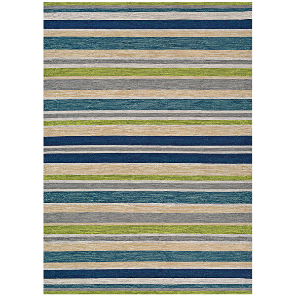 A close up of a Couristan runner rug with blue, green, and grey stripes in ocean shapes.