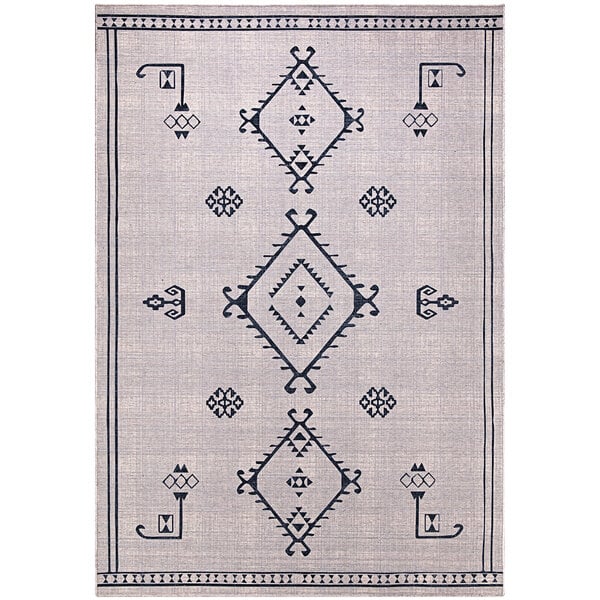 A cream rug with a geometric Moroccan folk pattern in grey and black.