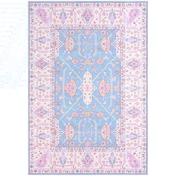 An Abani Molana Collection blue and pink vintage folk area rug with an ornate design.