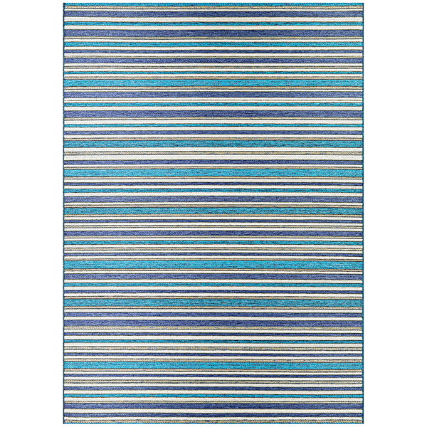 A close up of a Couristan Cape Brockton area rug with blue and white stripes.