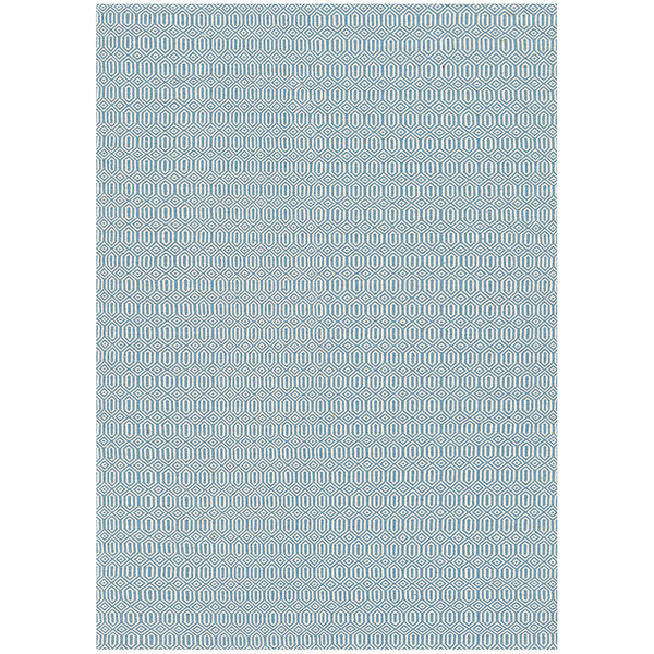 A white rectangular rug with a blue and white diamond pattern.