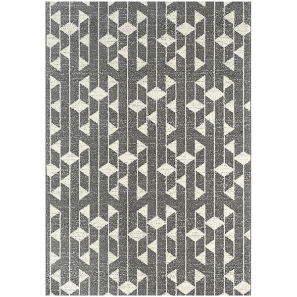 A cream and grey rectangular rug with a geometric pattern.