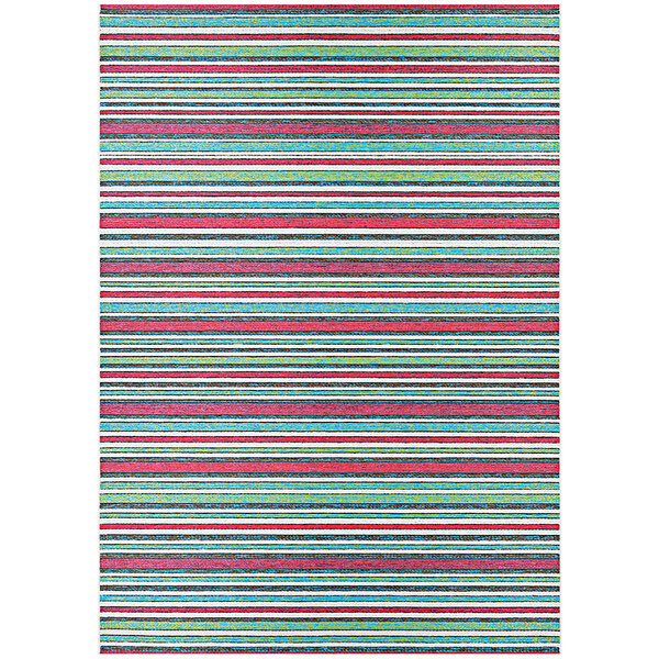 A close up of a Couristan purple multi-colored striped area rug with red, green, and blue stripes.