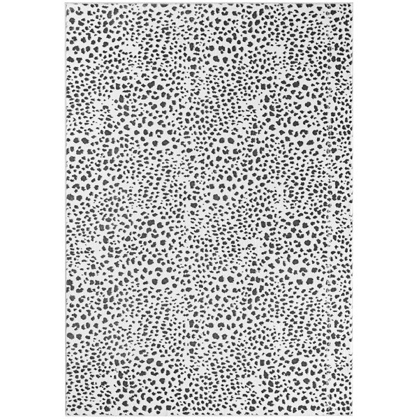 A white rectangular rug with black cheetah print spots.