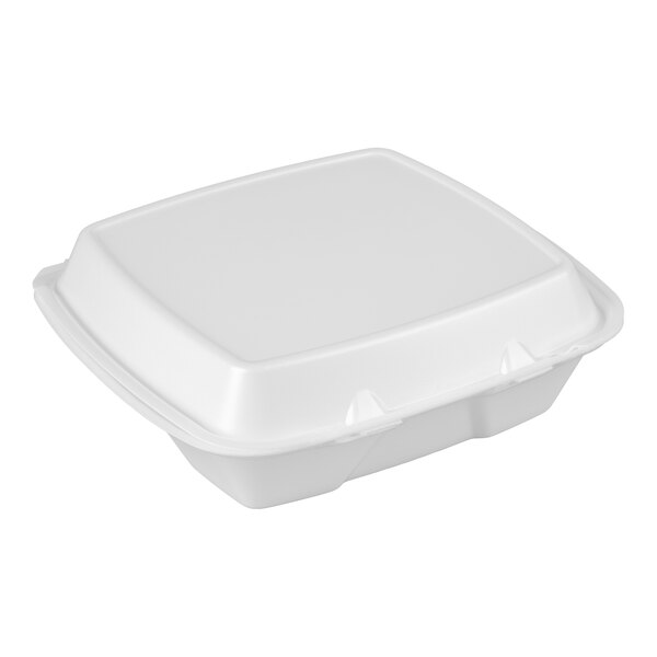A white foam square container with a lid.