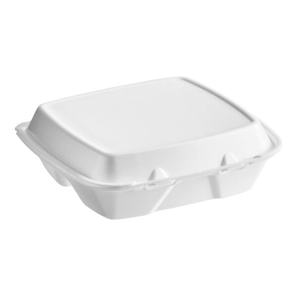 Dart 90HTPF3R 9" x 9" x 3" White Foam Three-Compartment Square Take Out Container with Hinged Lid - 200/Case