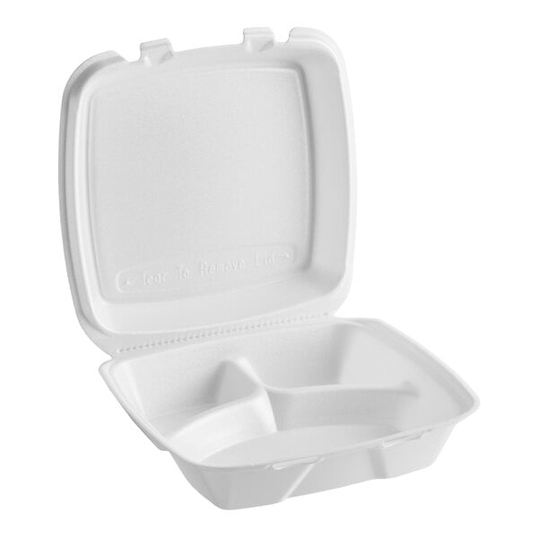 Dart 90HTPF3R 9" x 9" x 3" White Foam Three-Compartment Square Take Out Container with Hinged Lid - 200/Case