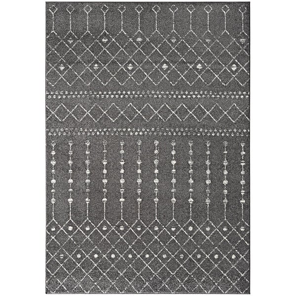 An Abani Casa Collection gray and cream Moroccan trellis area rug with geometric designs.