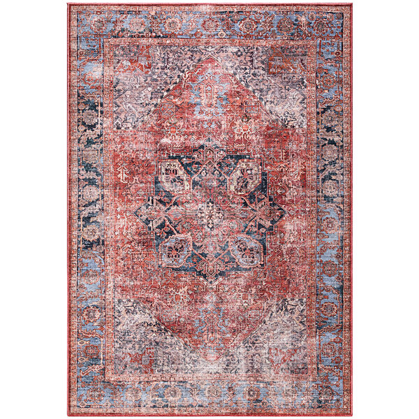An Abani Lola Collection terracotta area rug with a red and blue vintage medallion design.
