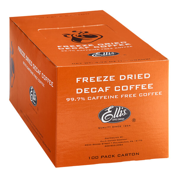 A box of Ellis freeze-dried instant decaf coffee packets.